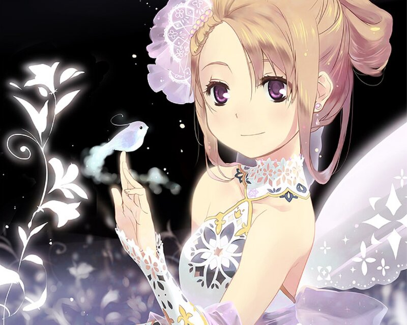 Anime Girl with Bird — Purple, Serene