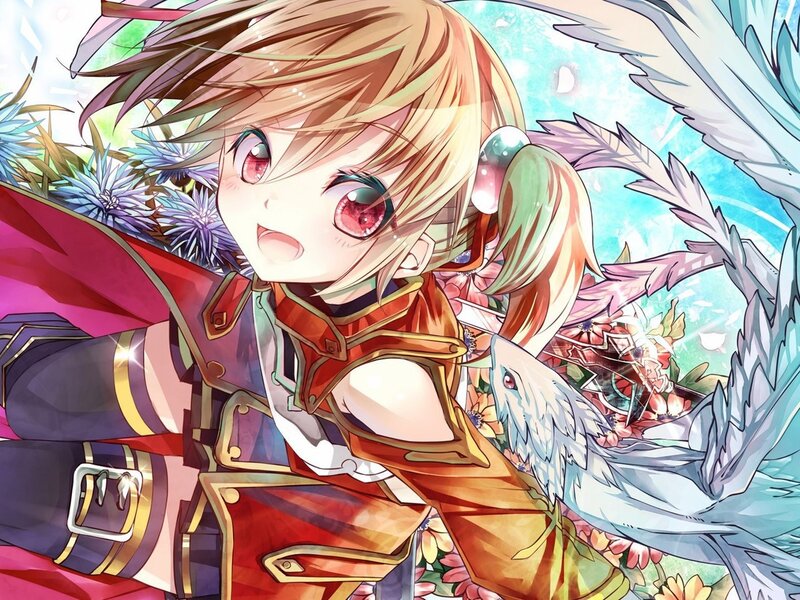 Anime Girl with Bird — Red, Bright, Cheerful