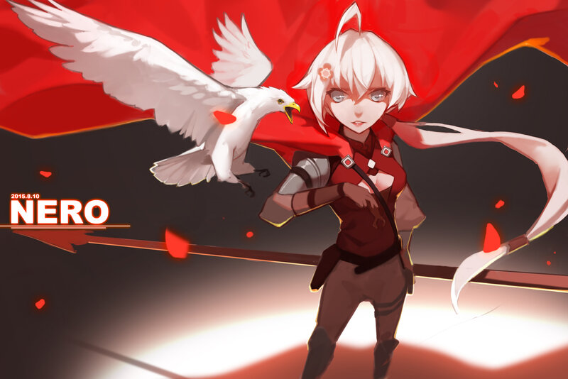 Anime Girl with Bird — Red, Dramatic, Digital Art