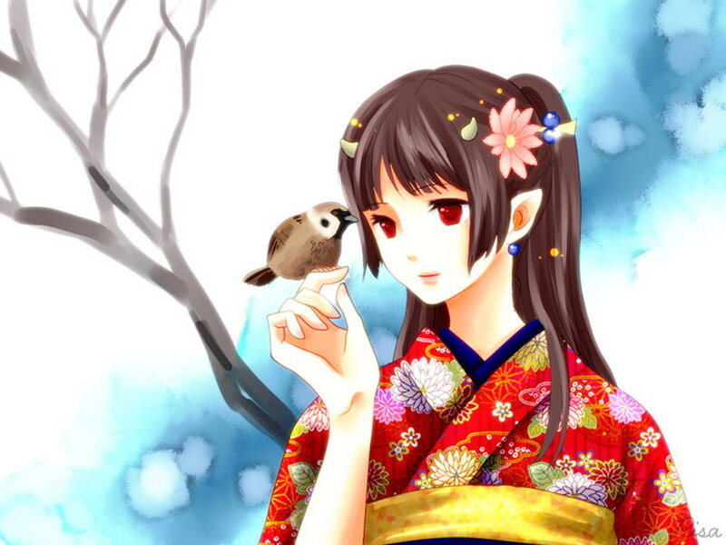 Anime Girl with Bird — Red
