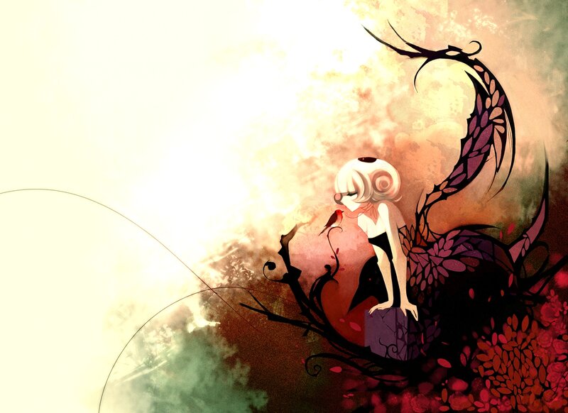 Anime Girl with Bird — White, Dramatic
