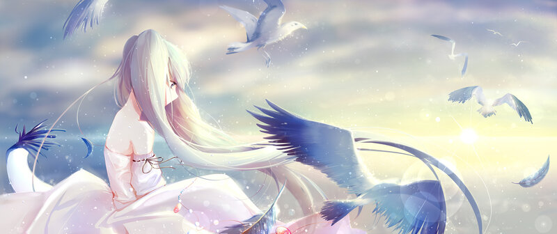 Anime Girl with Bird — White, Serene, Sunset