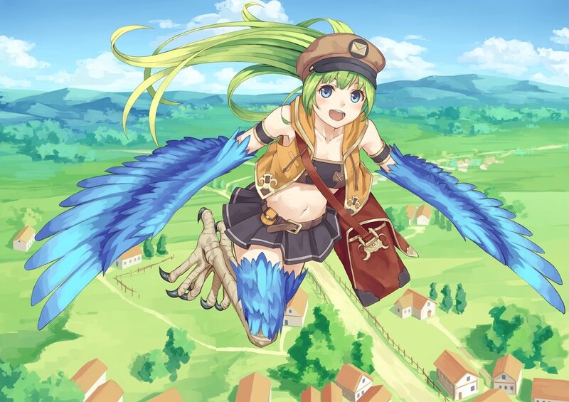 Anime girl with bird wings flying