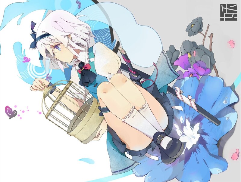 Anime Girl with Birdcage — Blue, Dreamy, Digital Art