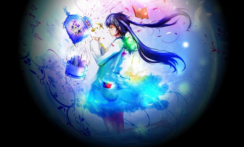 Anime Girl with Birdcage — Blue, Dreamy