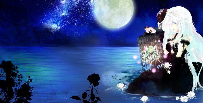Anime Girl with Birdcage — Blue, Serene