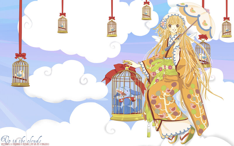 Anime Girl with Birdcages — Blue