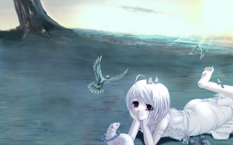 Anime girl with birds and a mouse