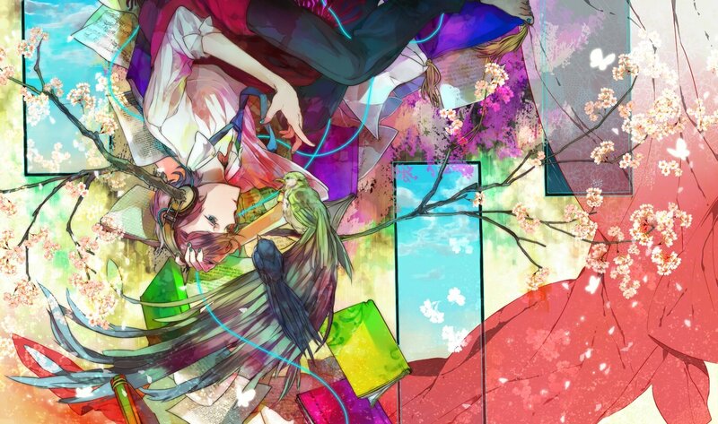 anime girl with birds and cherry blossoms
