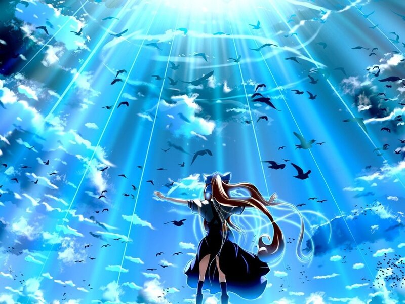 Anime girl with birds and light