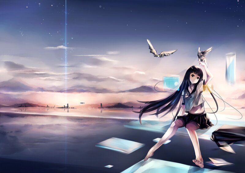 Anime girl with birds at sunset