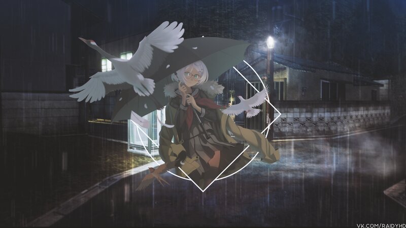 Anime Girl with Birds — Black, Dramatic