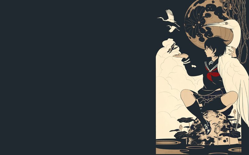 Anime Girl with Birds — Black