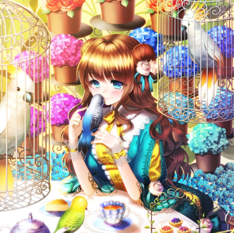Anime Girl with Birds — Blue, Cheerful