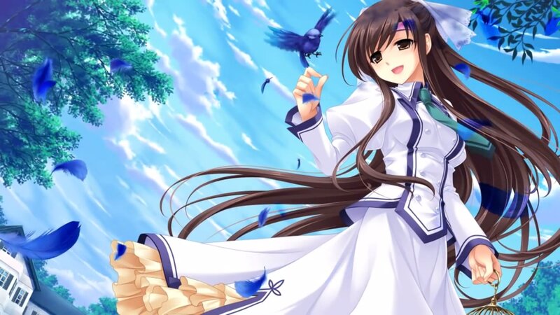 Anime Girl with Birds — Blue, Serene, Afternoon, Feathers