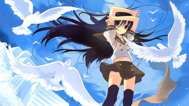 Anime Girl with Birds — Blue, Serene, Afternoon, School Uniform