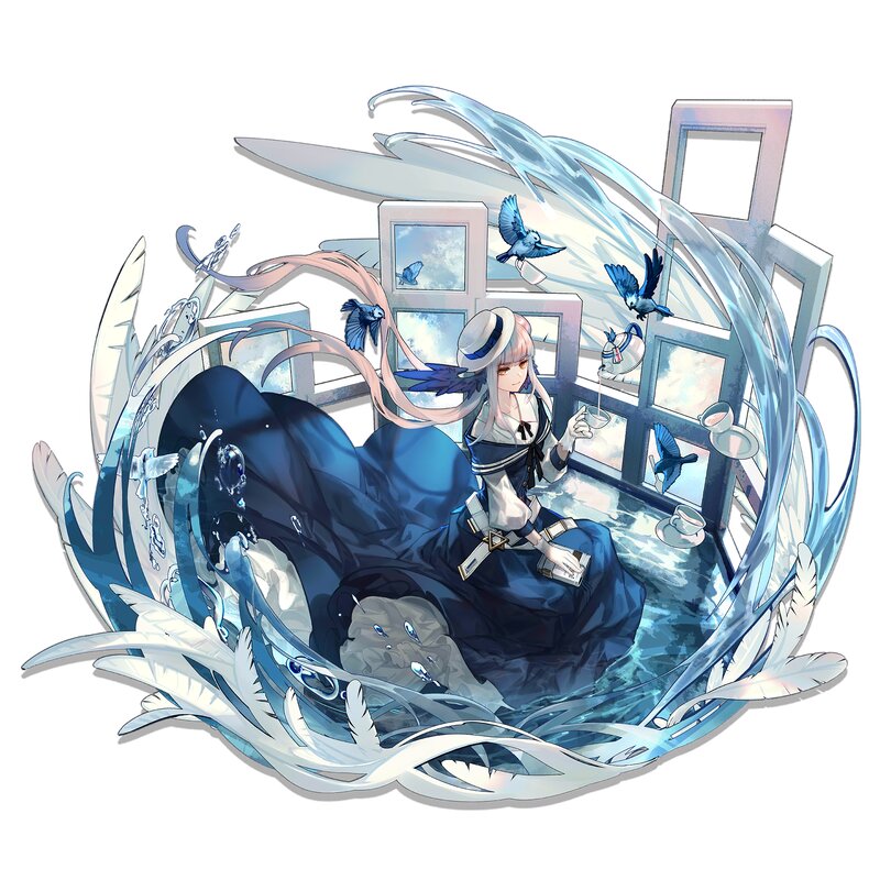 Anime Girl with Birds — Blue, Serene, Digital Art, Feathers, Tea Set