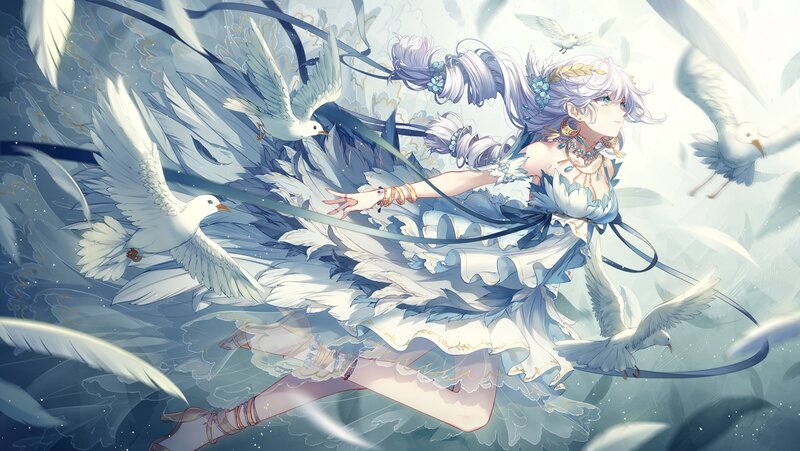Anime Girl with Birds — Blue, Serene, Digital Art, Feathers