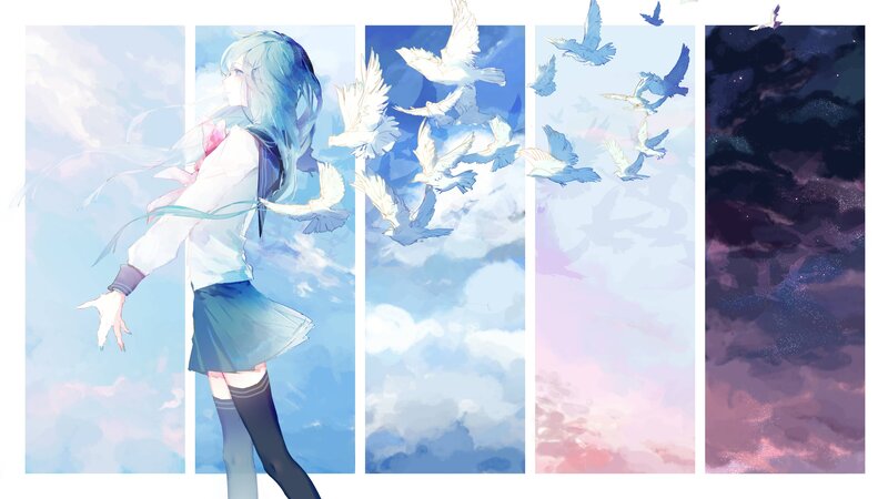 Anime Girl with Birds — Blue, Serene, Night, Digital Art, Sky