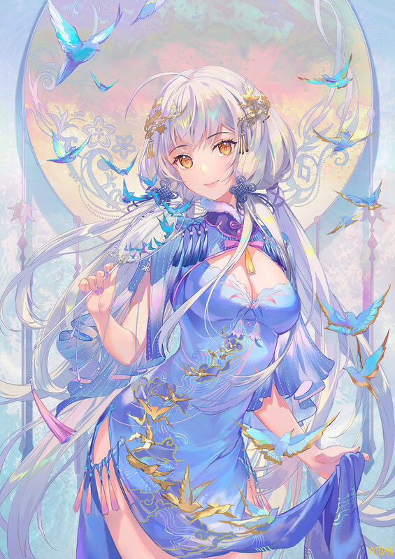 Anime Girl with Birds — Blue, Serene, Night, Digital Art