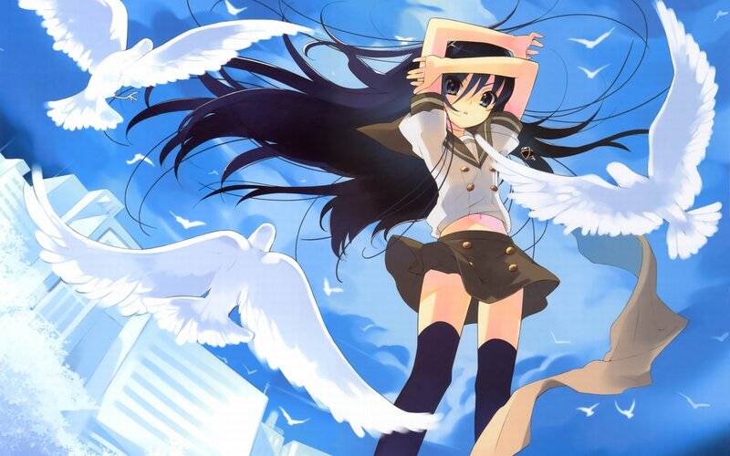 Anime Girl with Birds — Blue