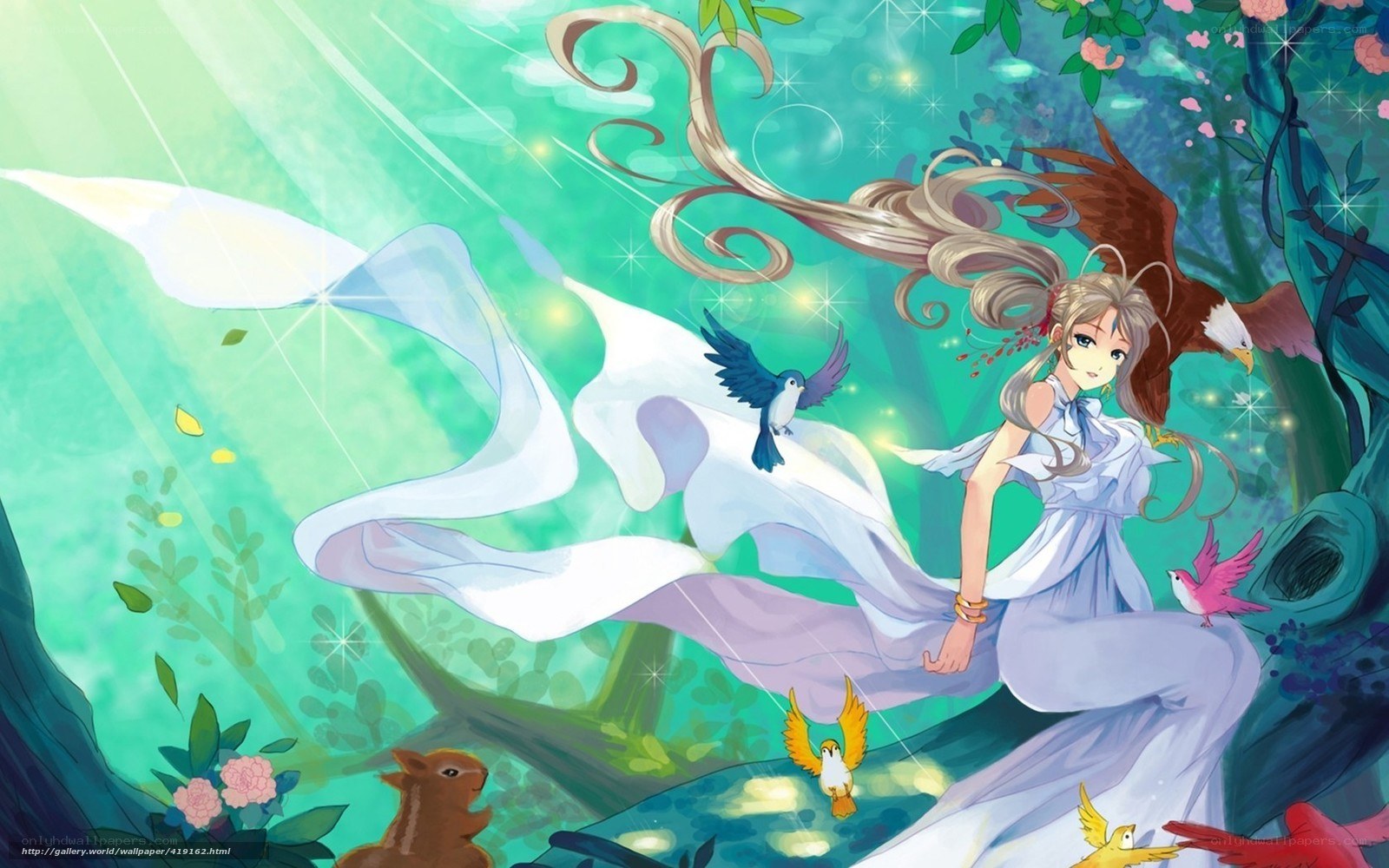 Anime girl with birds in forest