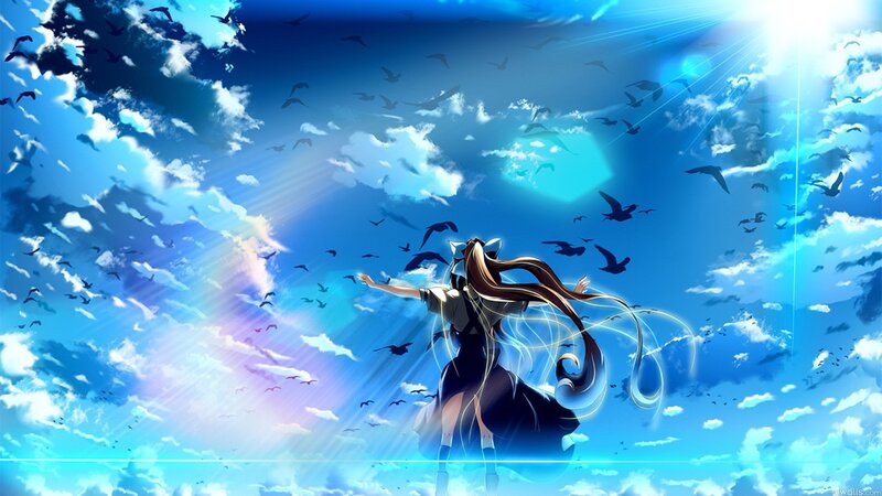 Anime girl with birds in sky