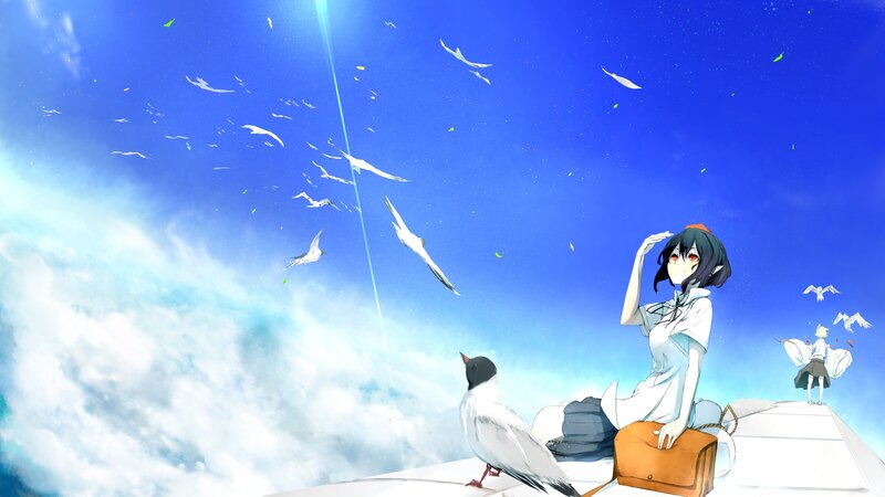 Anime girl with birds in sky