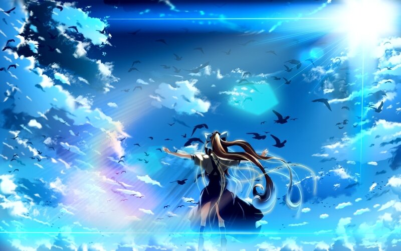 Anime girl with birds in sky