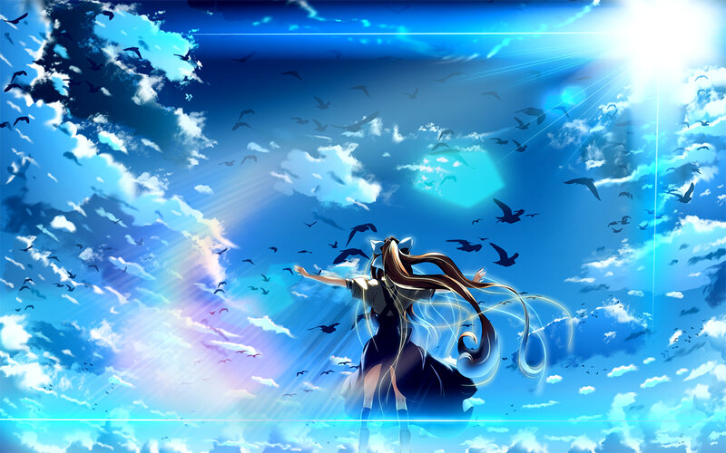 Anime girl with birds in sky