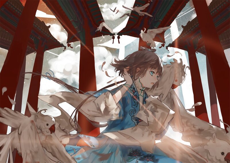 Anime girl with birds in temple