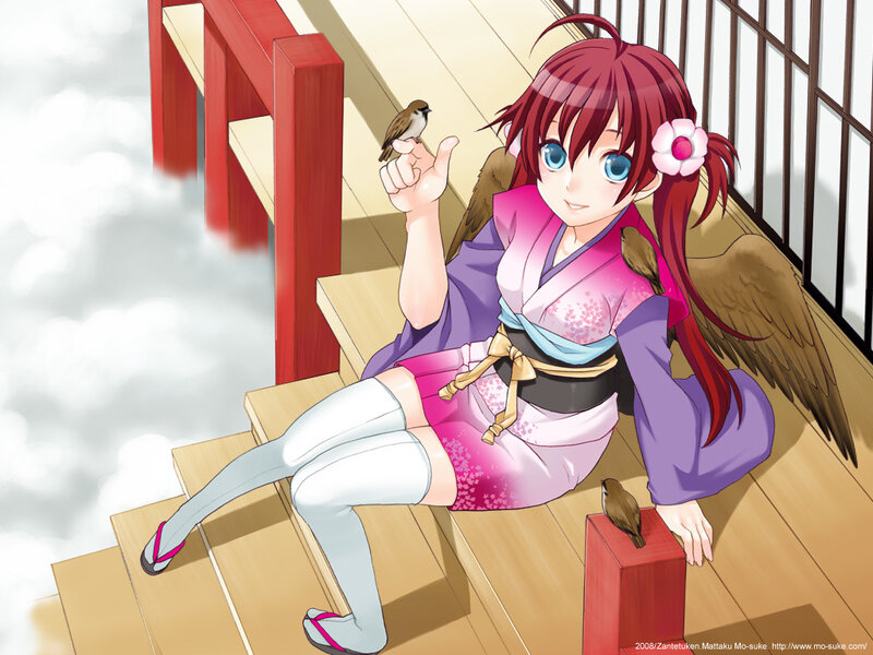 Anime girl with birds on stairs