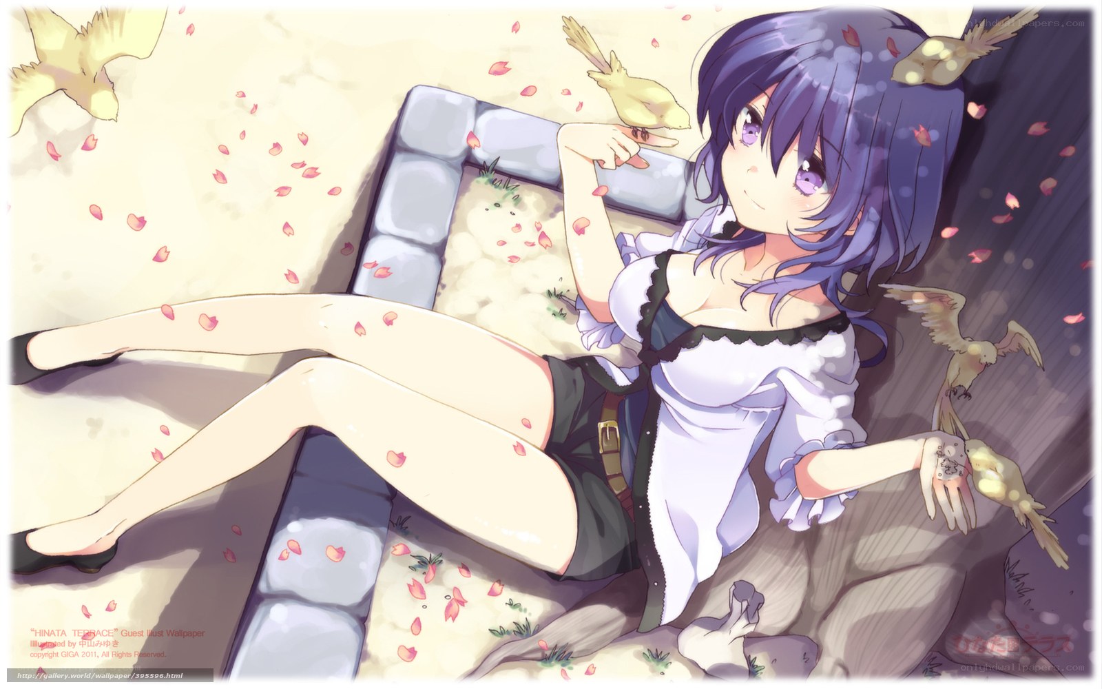 Anime girl with birds on terrace