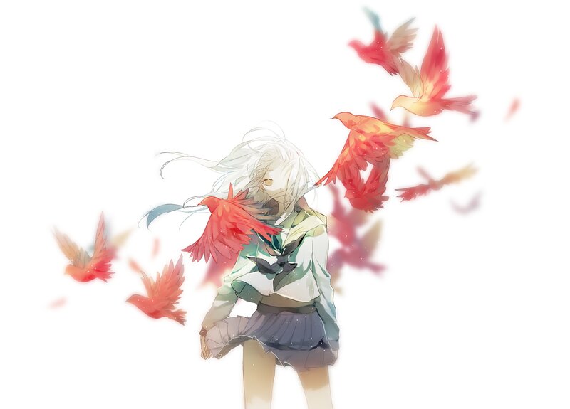 Anime Girl with Birds — Red