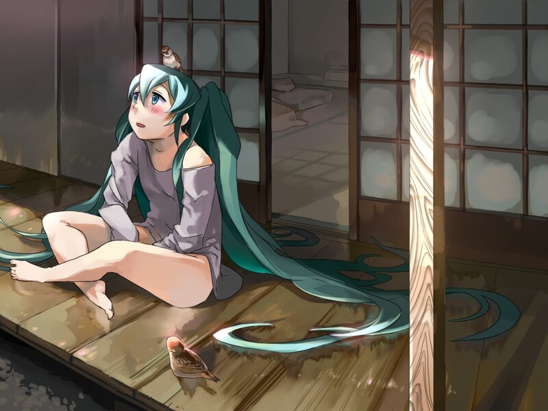 Anime Girl with Birds — Teal