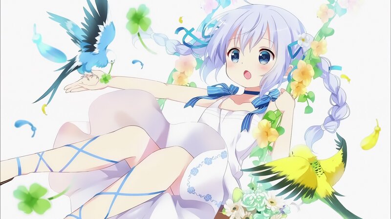 Anime Girl with Birds — White, Playful, Flowers