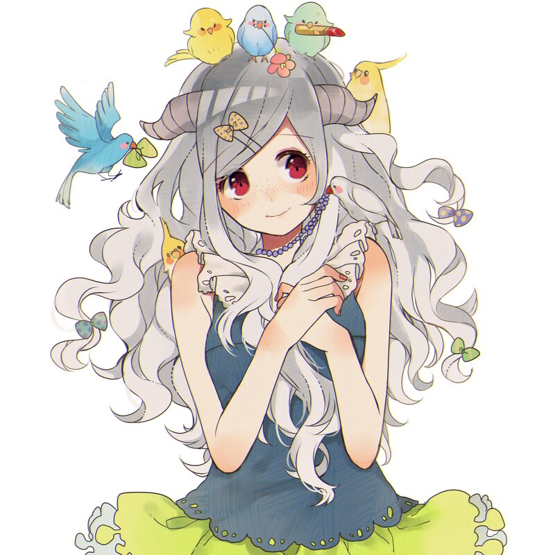 Anime Girl with Birds — White, Playful