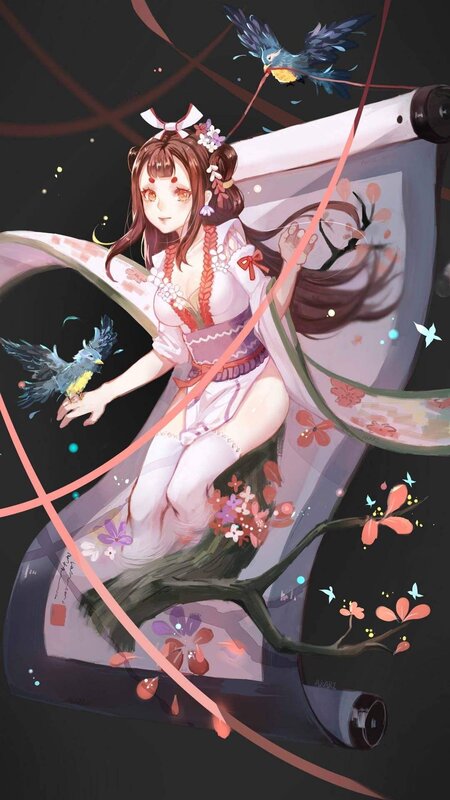 Anime Girl with Birds — White, Serene