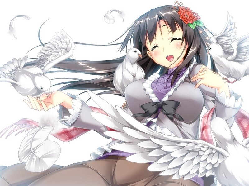 Anime Girl with Birds — White