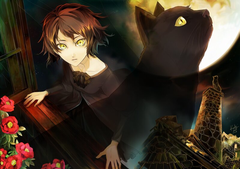 anime girl with black cat