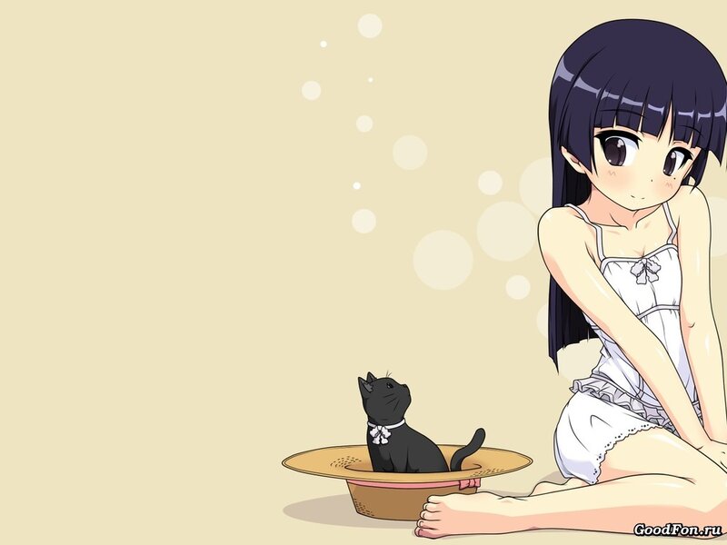 Anime Girl with Black Cat — Beige, Calm