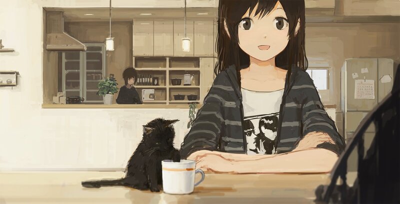 Anime Girl with Black Cat — Brown, Calm