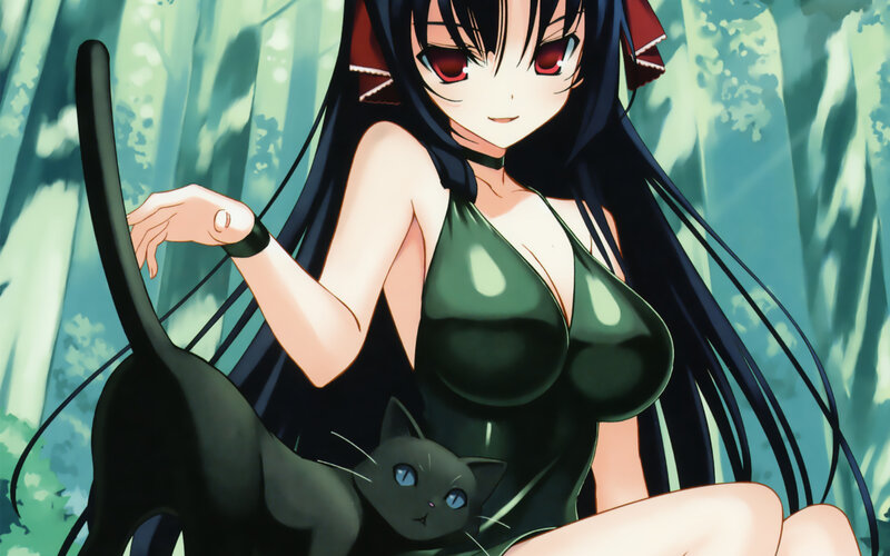 Anime Girl with Black Cat — Green, Calm