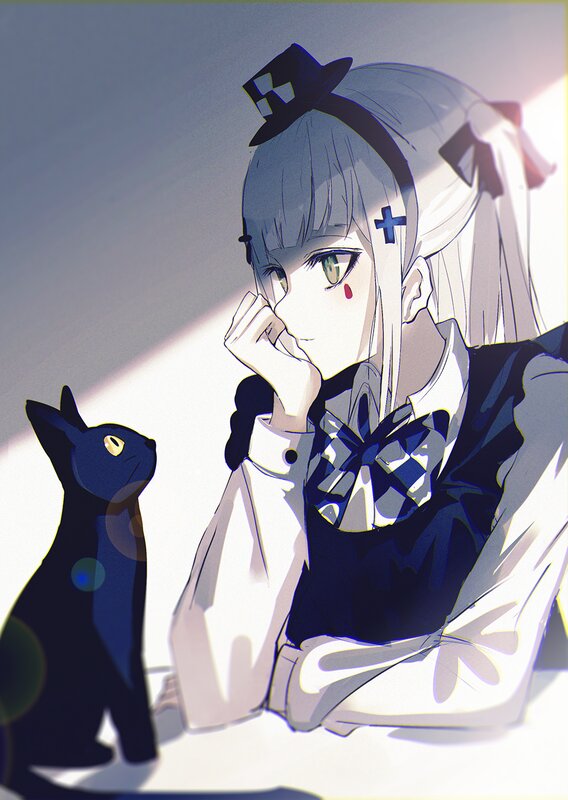 Anime Girl with Black Cat — White, Dramatic
