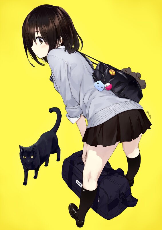 Anime Girl with Black Cat — Yellow