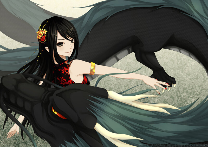 Anime Girl with Black Dragon — Dramatic