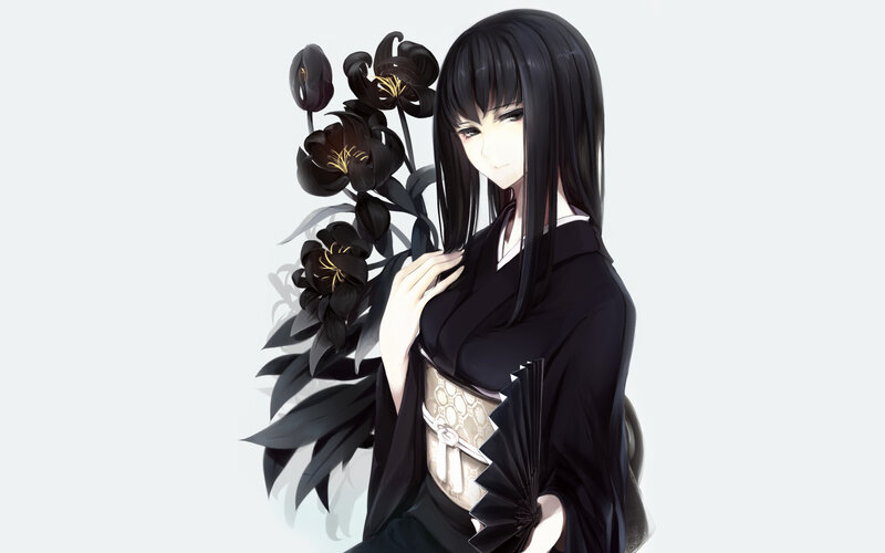 anime girl with black flowers