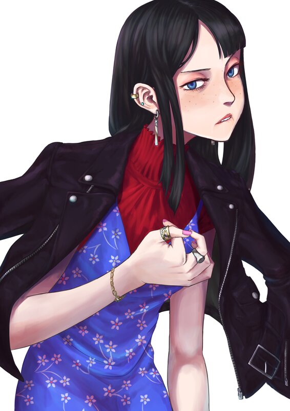 Anime Girl with Black Hair — Blue, Neutral, Digital Art