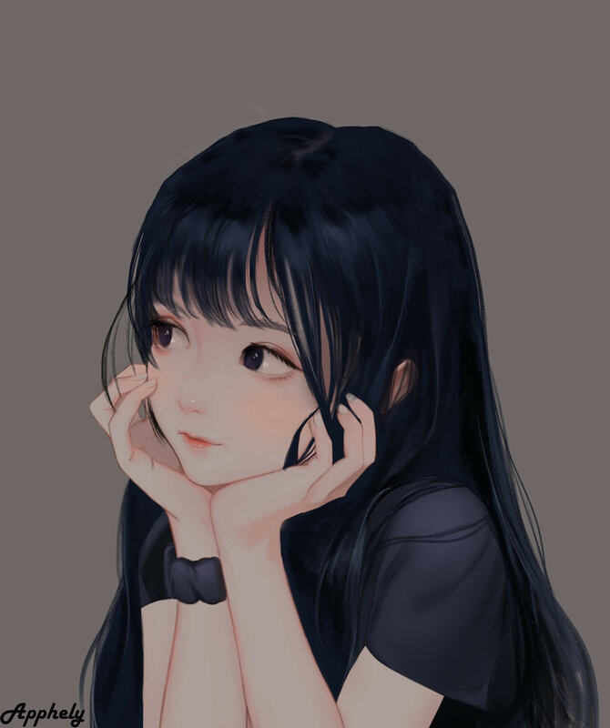 Anime Girl with Black Hair — Calm, Digital Art, Hands