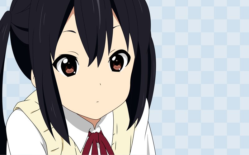 Anime Girl with Black Hair — Calm, School Uniform, Checkered Background